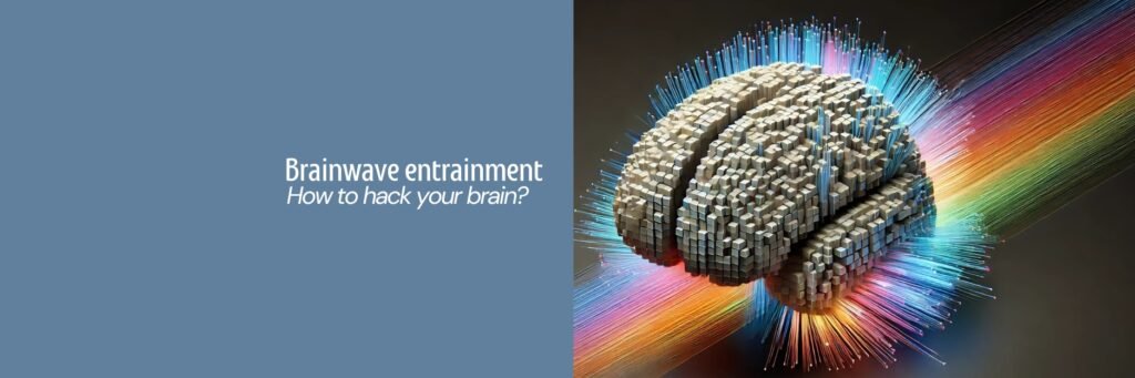 Illustration of a human brain with multicolor neural signals, representing brainwave entrainment and light frequency stimulation.