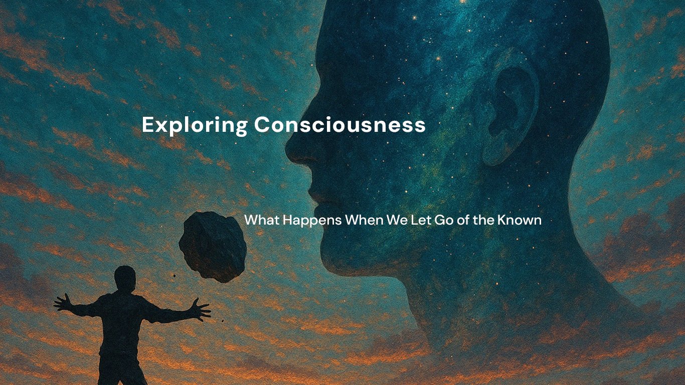 Silhouette of a person facing a cosmic head-shaped figure, symbolizing consciousness exploration and altered states of awareness