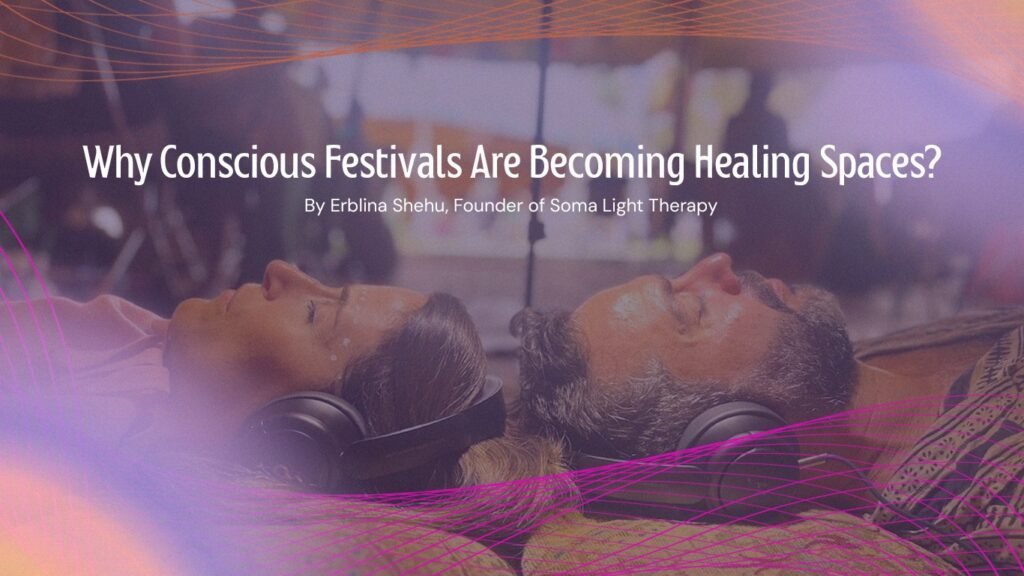Two people lying peacefully with eyes closed and headphones on during a Soma Light Therapy session at a conscious festival healing space.