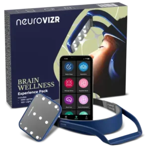 Person experiencing NeuroVIZR light and sound brainwave session - neurotechnology device for relaxation, focus, creativity, and meditation offered by Soma Light Therapy.
