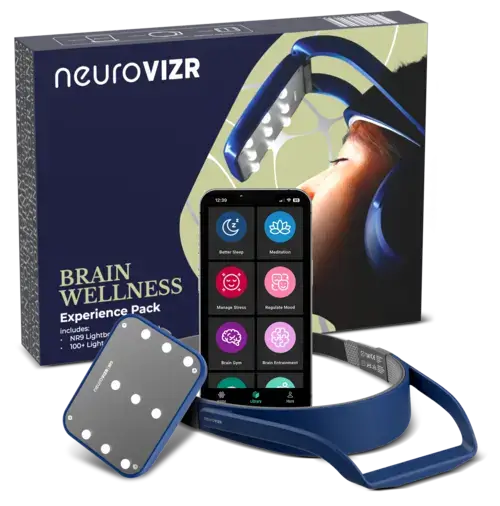Person experiencing NeuroVIZR light and sound brainwave session - neurotechnology device for relaxation, focus, creativity, and meditation offered by Soma Light Therapy.